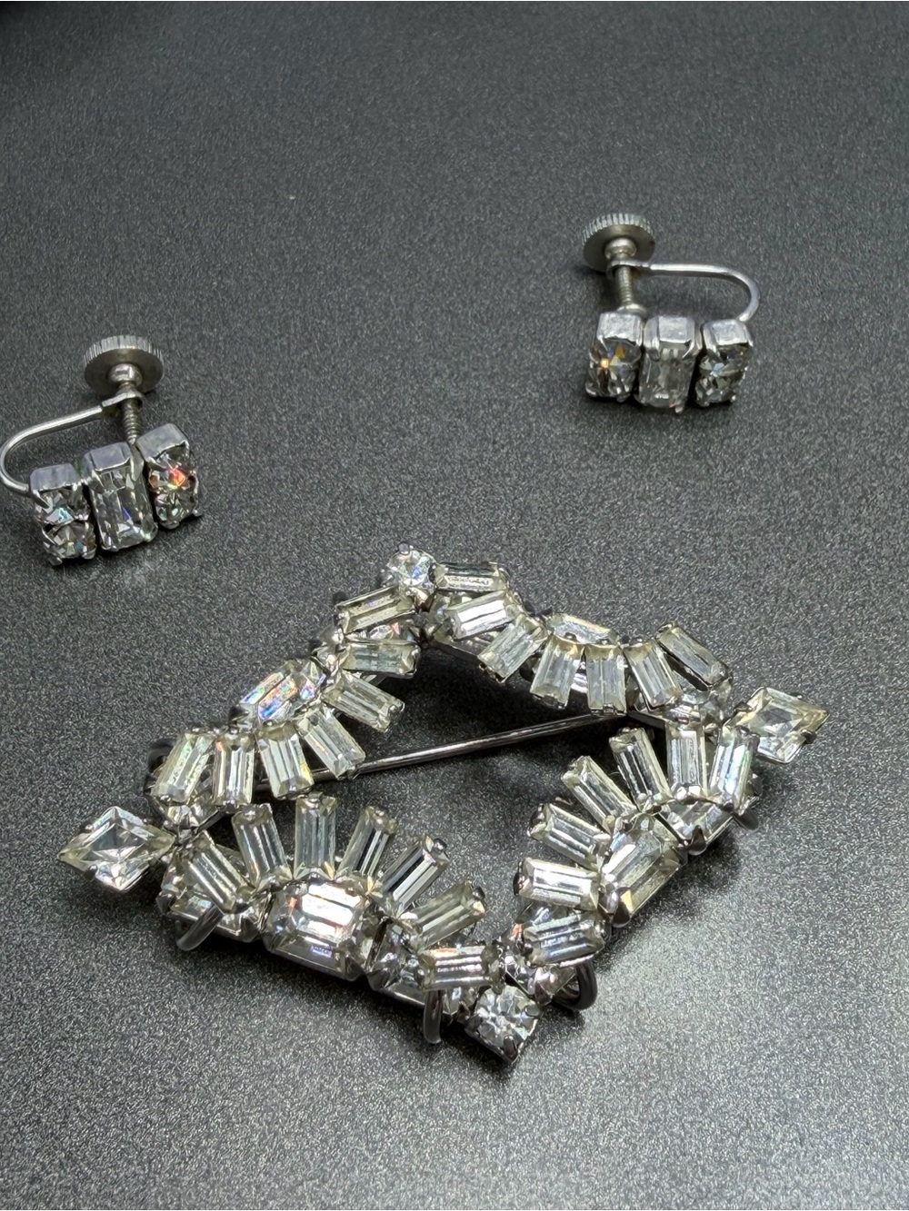 Vintage Sherman Crystal Baguette Square Brooch and Earrings #88set